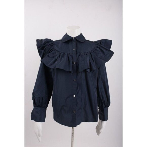 Cinq a Sept Womans Marcelle Ruffled Blouse Shirt XXS Navy Blue Taffeta NWT - Picture 2 of 7